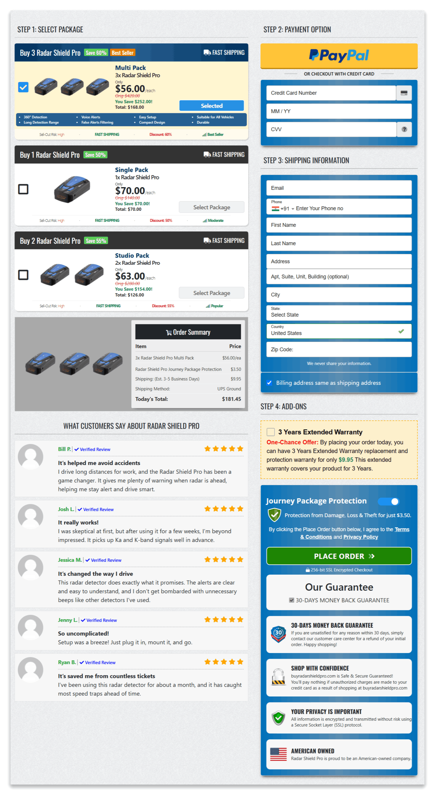 Radar Shield Pro secure checkout page